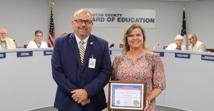 Bessemer City High School principal Sheila Wyont pictured with Board Chairman Jeff Ramsey.